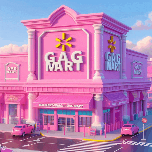 a pink store called gag mart with cars parked outside