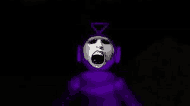 a purple teletubbies character is screaming in the dark with headphones on .