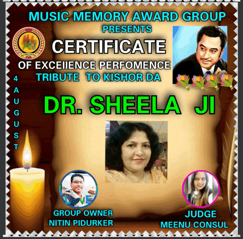 music memory award group presents certificate of excellence performance tribute to kishore da dr. sheela ji