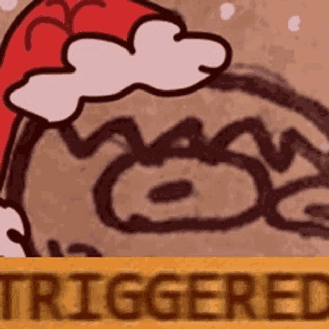 a close up of a cartoon drawing of a hedgehog wearing a santa hat and the word triggered .