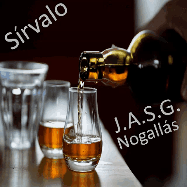 a bottle of alcohol is poured into a shot glass with j.a.s.g. nogallas written on the bottom