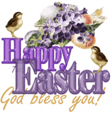 a happy easter greeting card with purple flowers and chicks