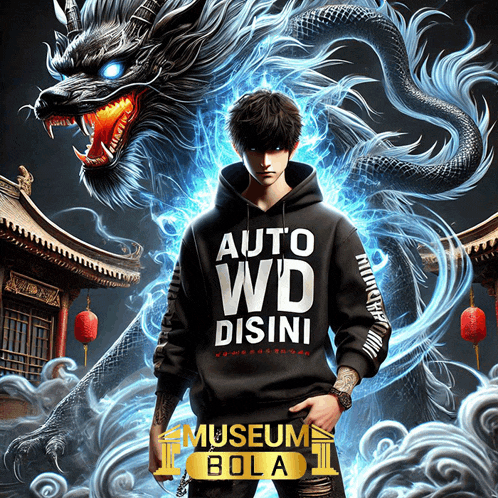 a man wearing a black hoodie that says auto wd disini stands in front of a dragon