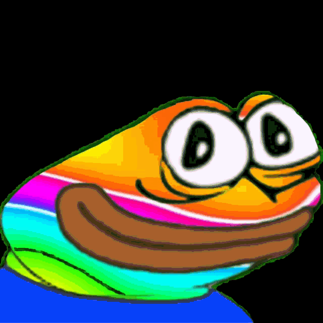 a cartoon frog with a rainbow colored face and a black background