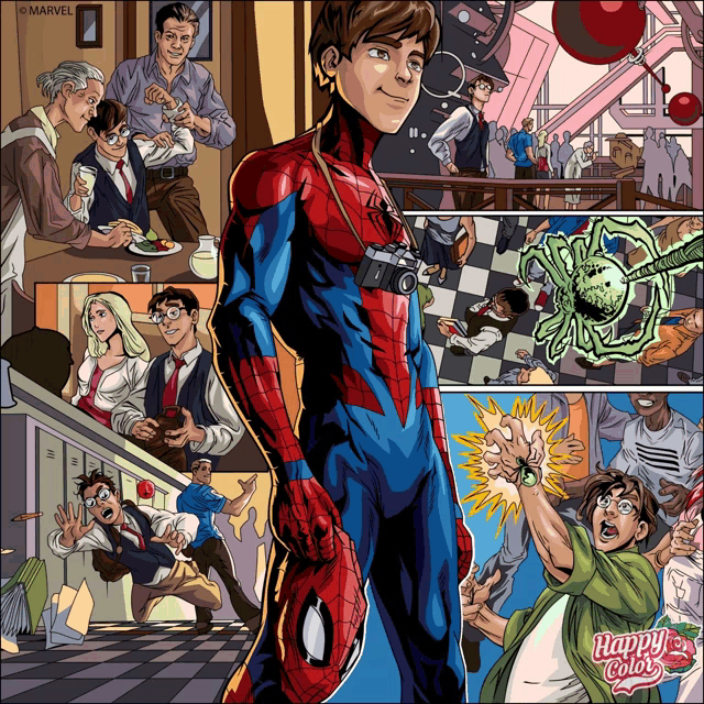 a page from a comic book shows a spider-man with a camera in his hand