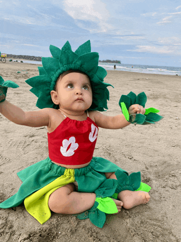 a baby wearing a red top with the letter u on it sits on the beach