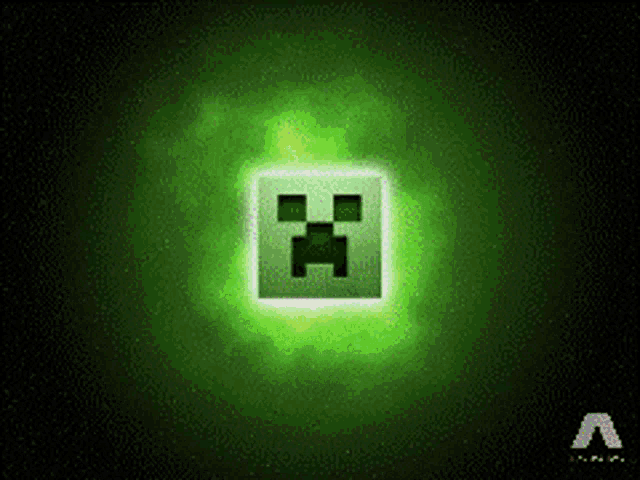 a glowing green square with a creeper face on it