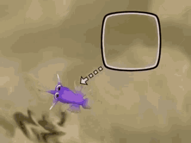 a purple fish is flying towards a square with an arrow pointing to it ..