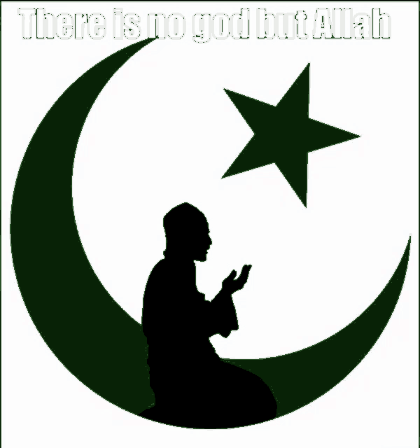 a man is praying in front of a crescent moon and star