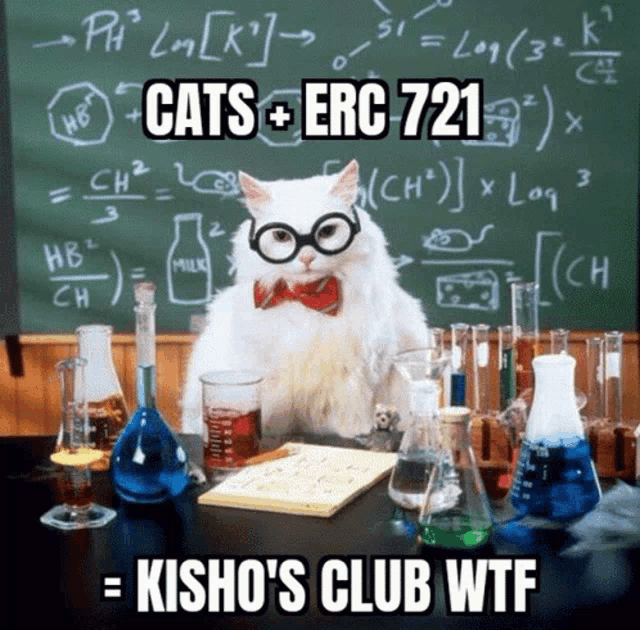 a cat wearing glasses and a bow tie sits in front of a chalkboard with cats + erc 721 on it