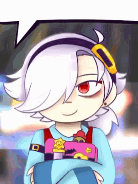 a cartoon character with white hair and red eyes is holding a pink purse