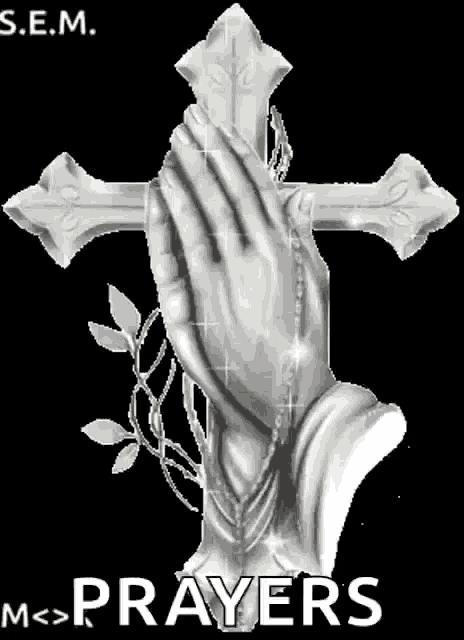 a picture of praying hands holding a cross with the words prayers below them