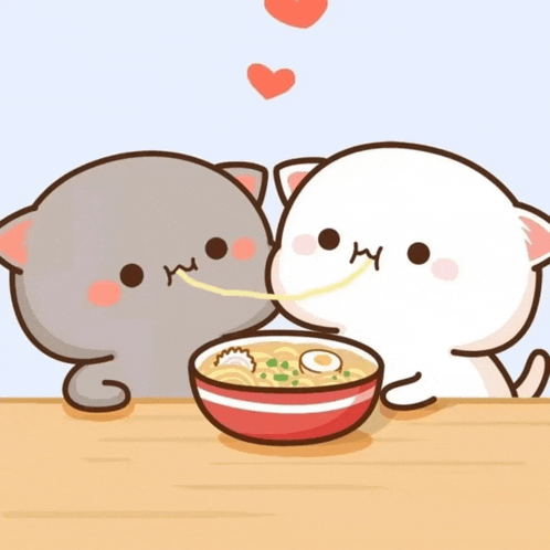 two cartoon cats are eating ramen together and one of them has the letter m on its face