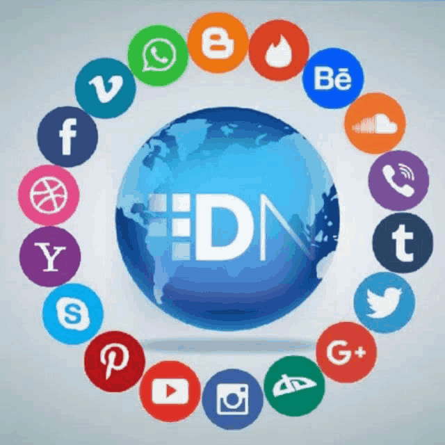 a globe is surrounded by social media icons and the word edn is in the center