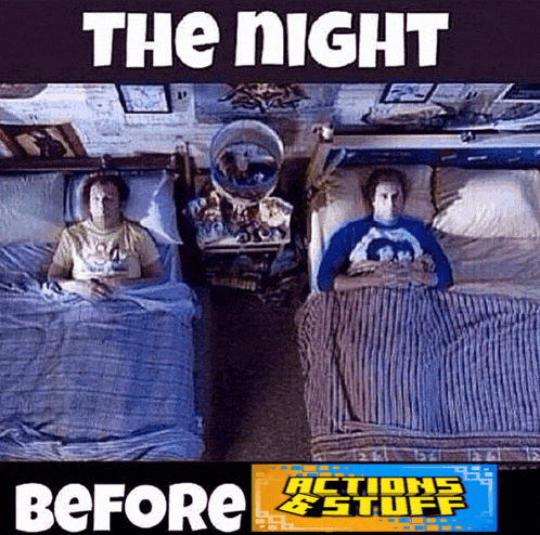 a poster for the movie the night before with two men laying in bed