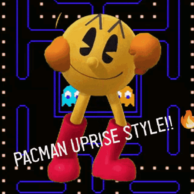 pacman is wearing red boots and is dancing in a video game