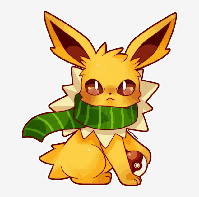 an eevee wearing a green scarf and holding a red ball