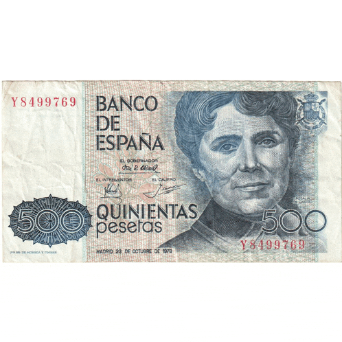 a banco de espana 500 peseras banknote with a woman on it