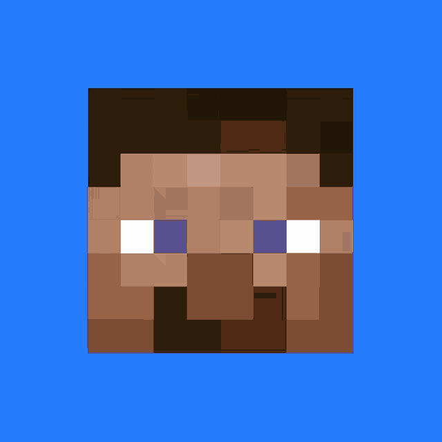 a pixel art of a man 's face with purple eyes