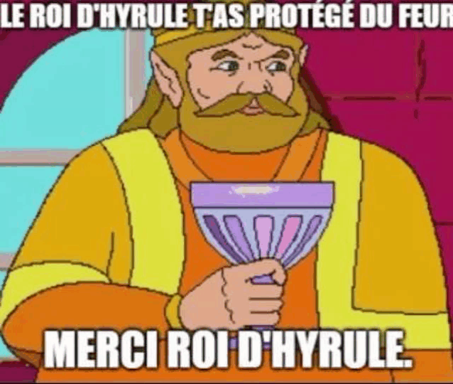 a cartoon of a man with a beard holding a cup with the words `` merci roi d ' hyrule '' .