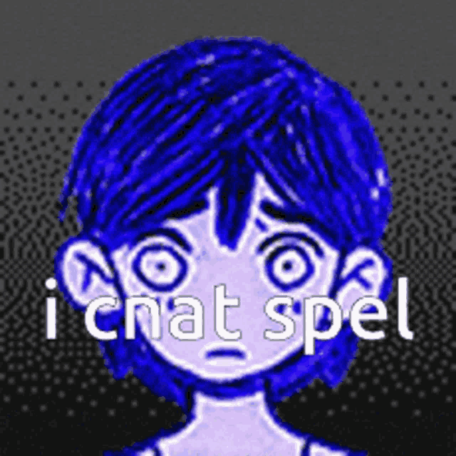 a drawing of a person with blue hair and the words `` i chat spel '' written on it .