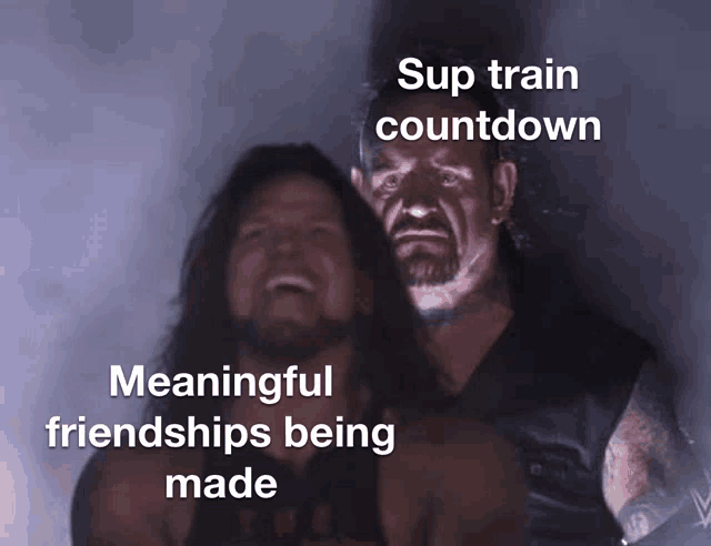 two men are laughing with the caption " meaningful friendships being made "