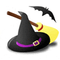 a witch hat with a bat and a broom on it