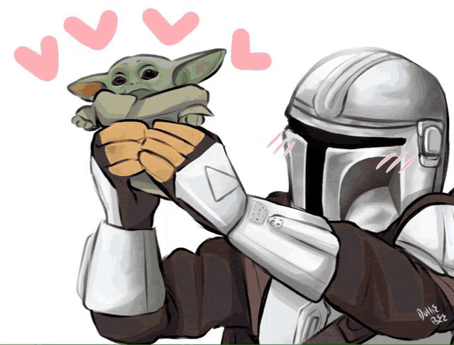 a drawing of a man in armor holding a baby with hearts around him