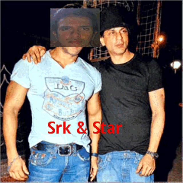 two men posing for a picture with srk & star written on the bottom right