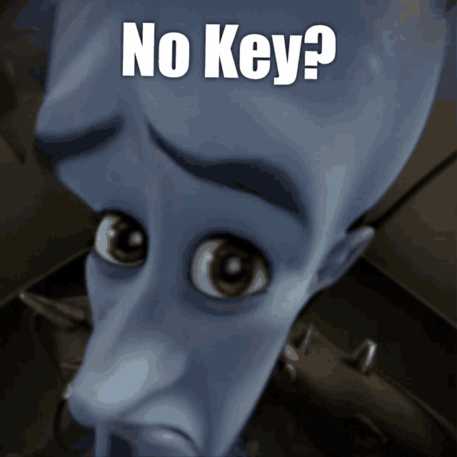 a cartoon character with green eyes and the words no key