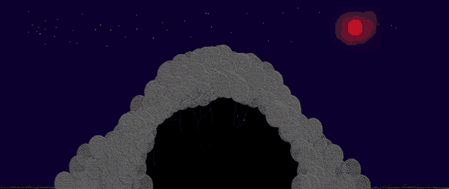 a cartoon drawing of a cave with a red moon in the background