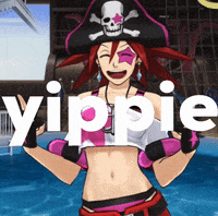 a woman in a pirate hat is standing in front of a swimming pool with the word hippie written on the bottom