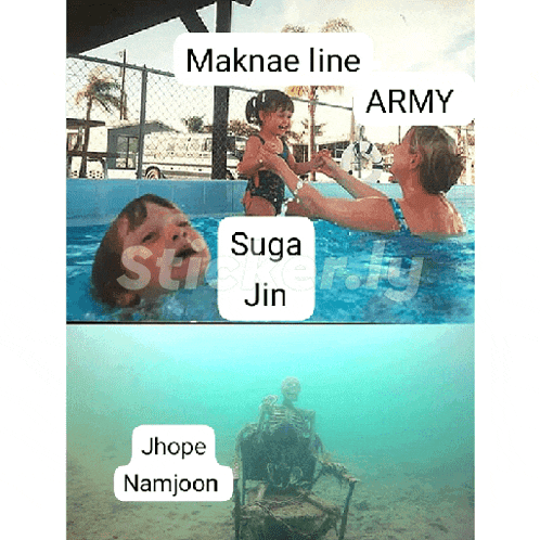 a picture of a woman holding a child in a pool and a picture of a skeleton with the words jhope namjoon