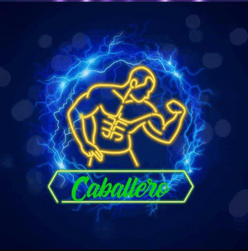 a neon sign of a man flexing his muscles and the word caballero