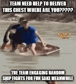 a group of people are in a boat in the water and the caption says team need help to deliver this chest where are you