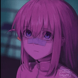 a purple anime girl with a bandage on her nose and a pink jacket .