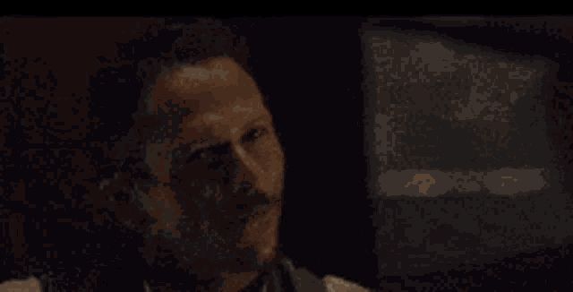 a close up of a man 's face with a mustache looking at the camera .