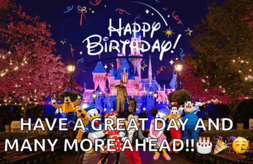 a happy birthday greeting card with disney characters and a castle in the background