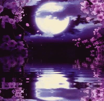 a full moon is reflected in a body of water with purple flowers in the foreground