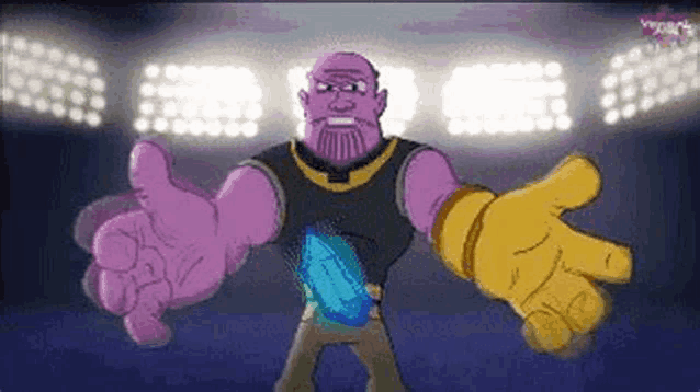 a cartoon of thanos giving a thumbs up with his arms outstretched .