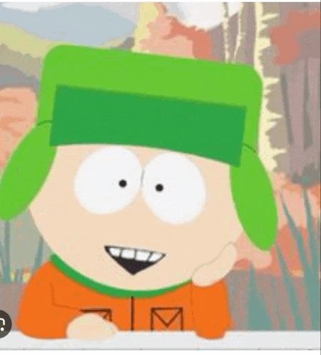 a close up of a cartoon character wearing a green hat and an orange shirt .