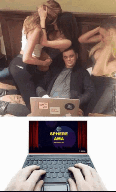 a man laying on a bed next to two women and a laptop that says sphere ama on the screen