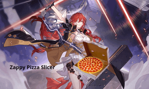 a girl with red hair is holding a box of pizza with the words zappy pizza slicer written below her