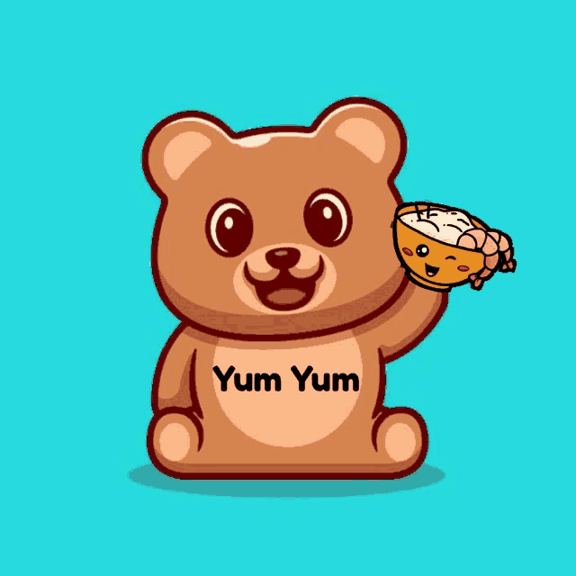 a brown teddy bear holding a bowl of food with yum yum written on its chest