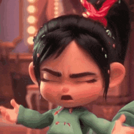 vanellope from winnie the pooh is making a funny face with her eyes closed and her hands outstretched .