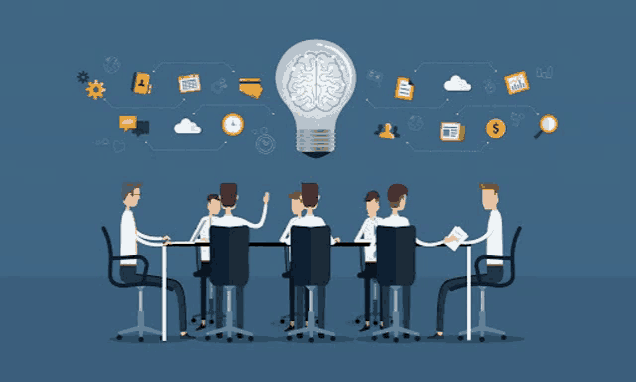 an illustration of a group of people having a meeting with a light bulb above them