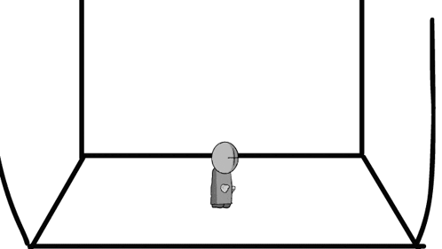 a black and white drawing of a person standing in a box with a knife on the floor .