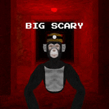 a monkey is standing in a dark room with the words `` big scary '' above him .