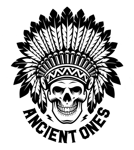 a black and white image of a skull wearing a native american headdress with the words ancient ones below it