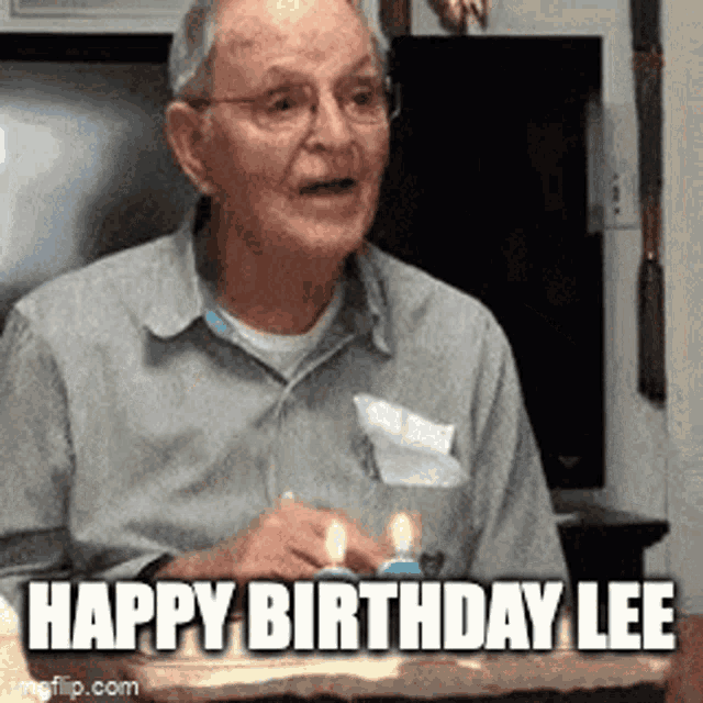 an elderly man is sitting in front of a birthday cake with candles and says `` happy birthday lee '' .